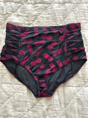 High-Waist Pineapple Print Swim Bottoms - Black/Pink
